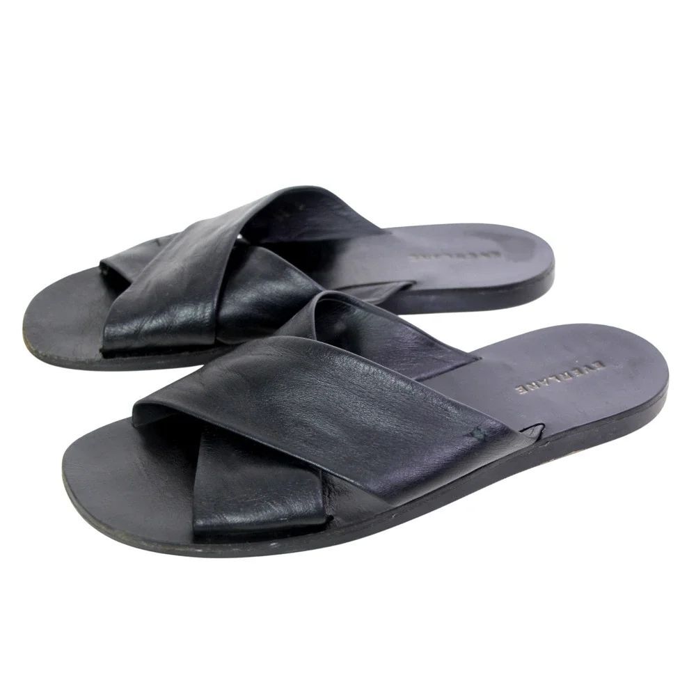 Everlane BRAZIL BLACK GENUINE LEATHER FLAT OPEN TOE SANDALS MULES SHOES Size 9